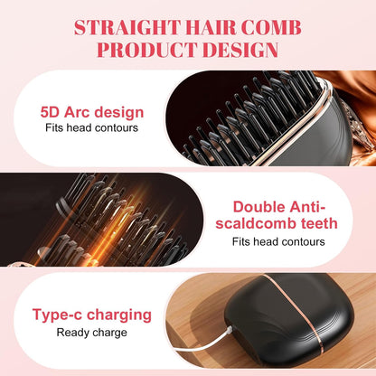 DOEUTIQ Mini Hair Straightener Brush — 2-in-1 Cordless Curling & Straightening Comb, USB-C Charging, Ceramic Anti-Scald Design