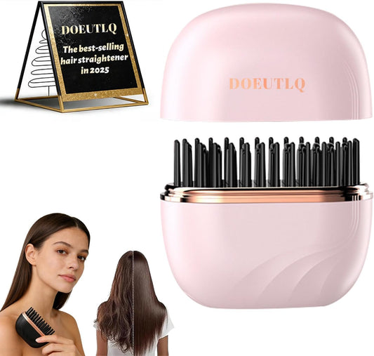 DOEUTIQ Mini Hair Straightener Brush — 2-in-1 Cordless Curling & Straightening Comb, USB-C Charging, Ceramic Anti-Scald Design
