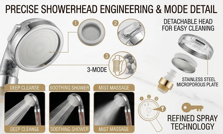 AquaVerve Pro — 3-Function High-Pressure Handheld Rainfall Shower Head with Anion Filter, Water-Saving Bathroom Accessory