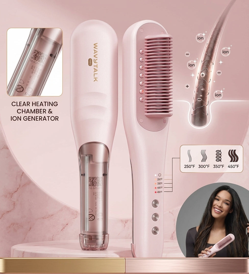 SteamLine Pro — Steam Hair Straightener Brush, 4 Heat Settings, Anti-Scald 3D Teeth Design, Pink