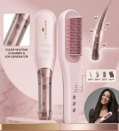 SteamLine Pro — Steam Hair Straightener Brush, 4 Heat Settings, Anti-Scald 3D Teeth Design, Pink