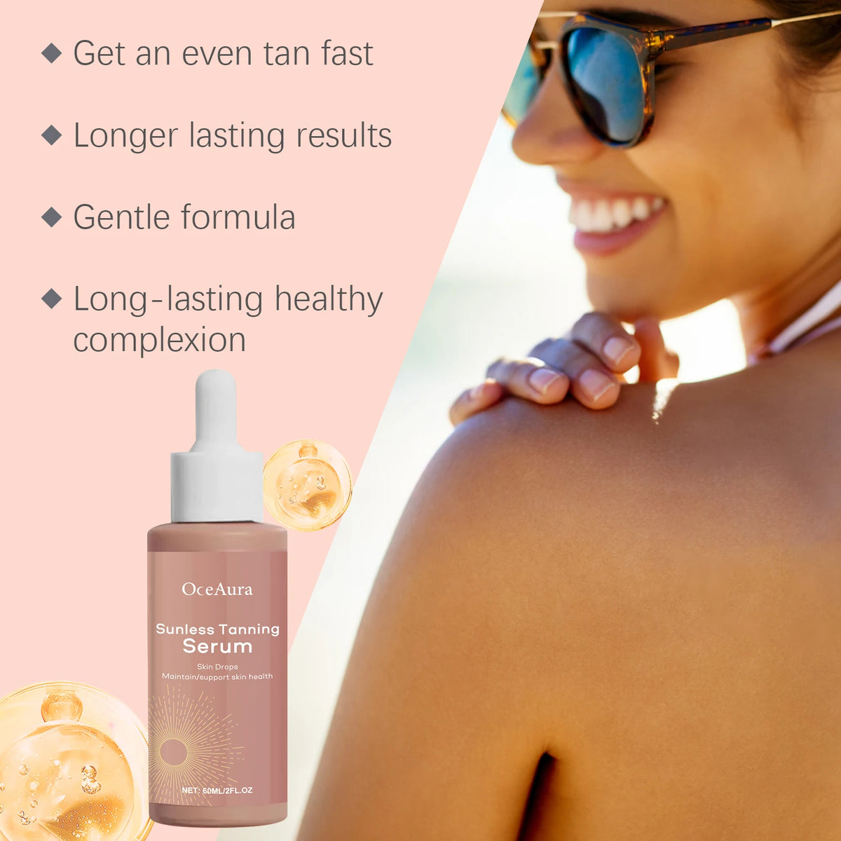 OceAura — Sunless Tanning Serum, Beet Root & Ginseng Root Extract with Carotene, Natural Sun-Kissed Glow for Face & Body