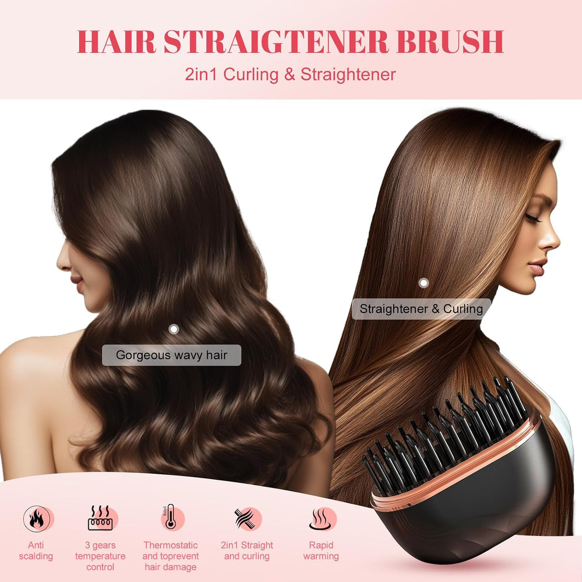 DOEUTIQ Mini Hair Straightener Brush — 2-in-1 Cordless Curling & Straightening Comb, USB-C Charging, Ceramic Anti-Scald Design