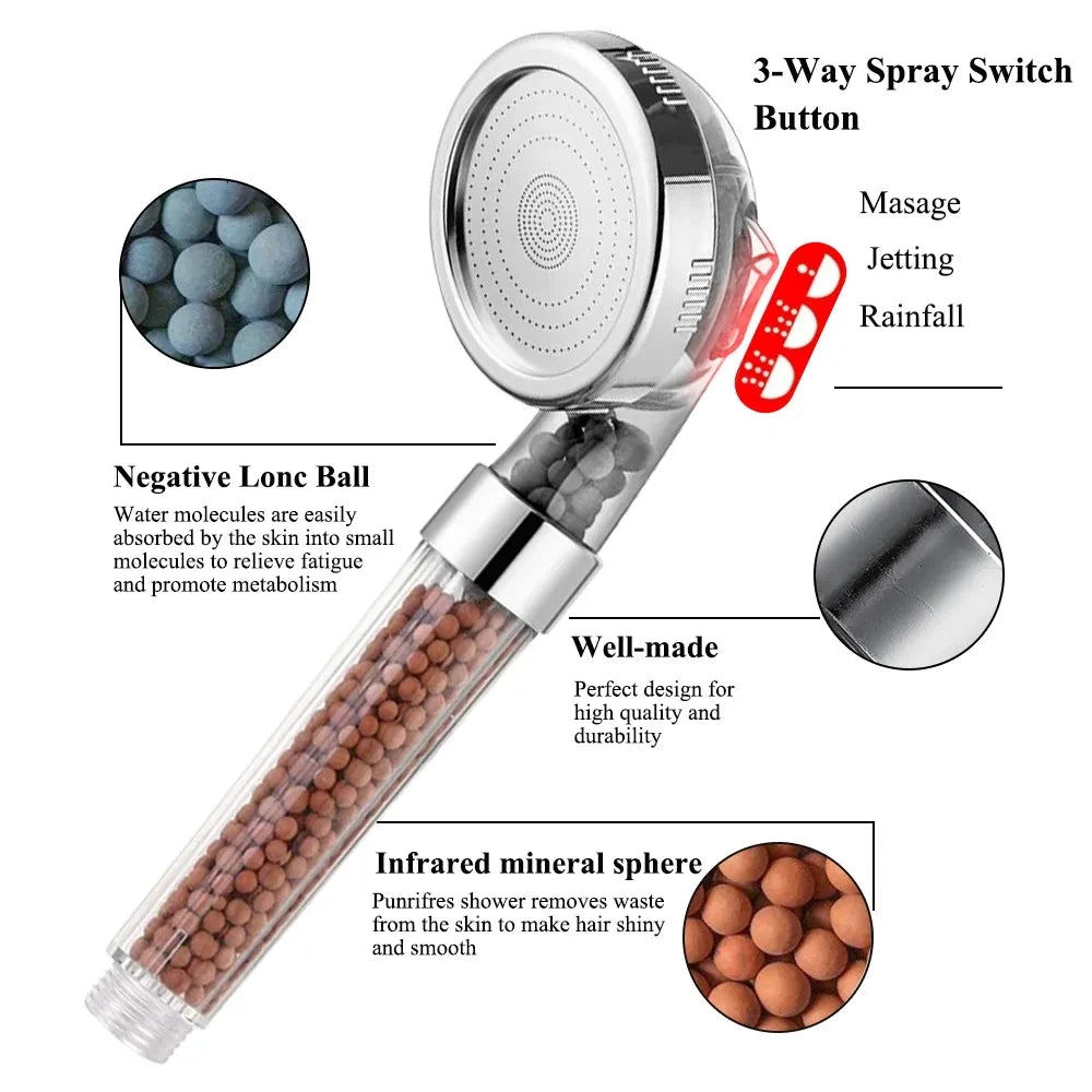 AquaVerve Pro — 3-Function High-Pressure Handheld Rainfall Shower Head with Anion Filter, Water-Saving Bathroom Accessory