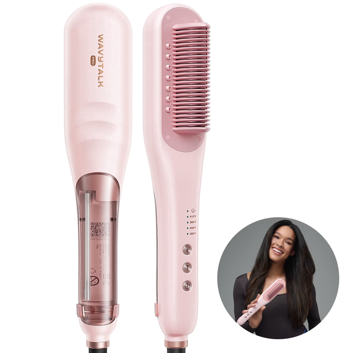 SteamLine Pro — Steam Hair Straightener Brush, 4 Heat Settings, Anti-Scald 3D Teeth Design, Pink