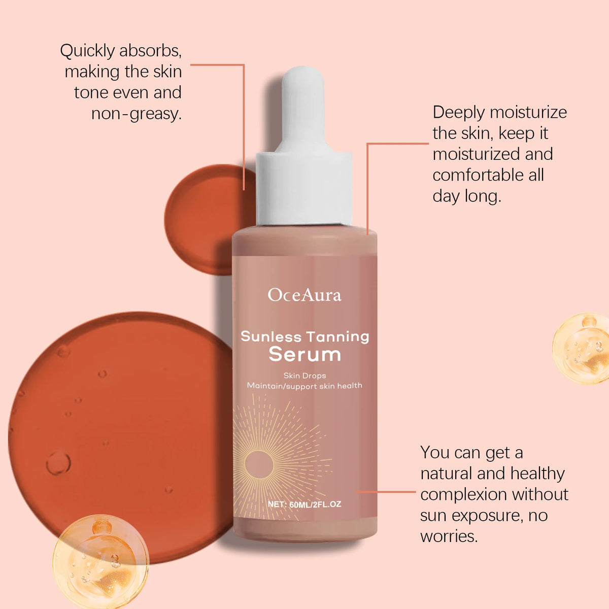 OceAura — Sunless Tanning Serum, Beet Root & Ginseng Root Extract with Carotene, Natural Sun-Kissed Glow for Face & Body